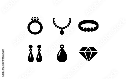 Collection of elegant jewelry icons including rings, necklaces, bracelets, earrings, and diamonds
