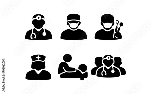 Collection of medical professional icons representing doctors, nurses, and dentists in various settings