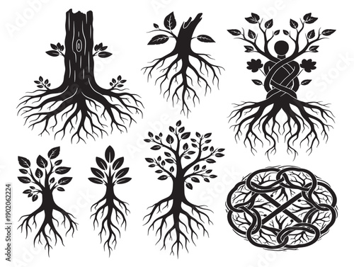 Spreading tree roots silhouette dynamic vector illustration