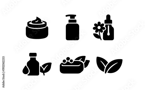 Collection of natural organic cosmetic and skincare product icons