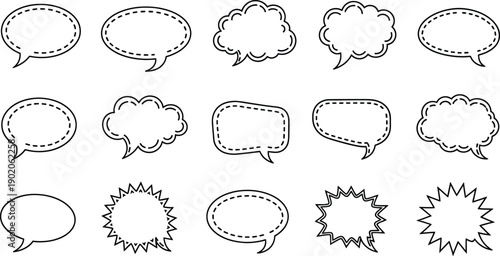 Collection of outline speech and thought bubbles with stitched edges and comic burst shapes, vector