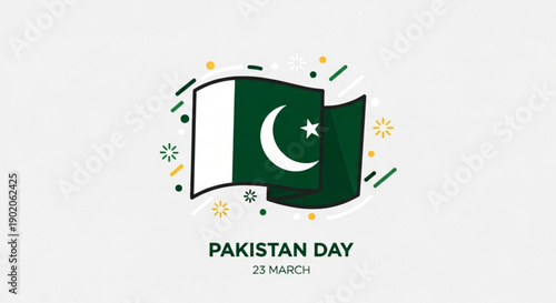 Pakistan day celebration with flag and confetti on white background