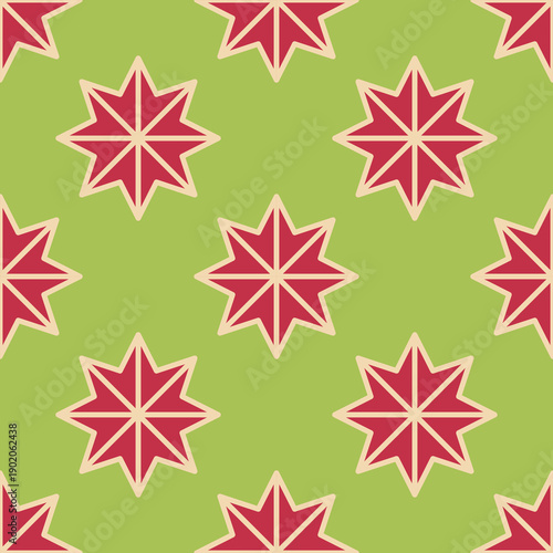 Trendy seamless pattern with eight pointed stars in a reddish pink color and beige border on lime green background. Vector illustration.
