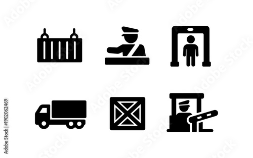 Set of icons representing customs and border control processes and elements