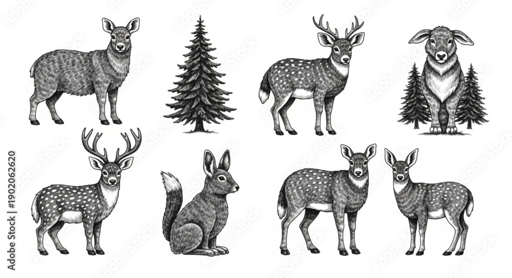 Fototapeta premium Collection of Hand Drawn Forest Animals and Trees.