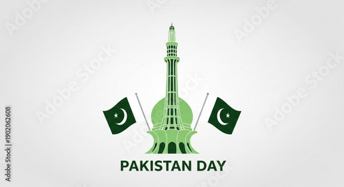 Pakistan day celebration with minar e pakistan monument and flags