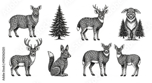 Collection of Hand Drawn Forest Animals and Trees.