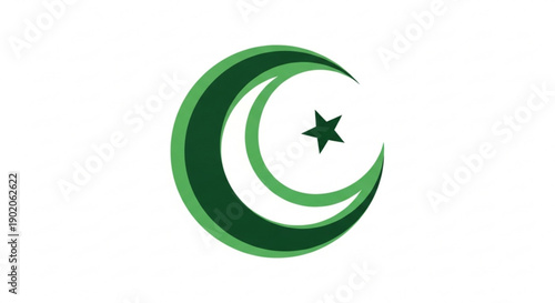 Green crescent moon symbol with star on white background representing islamic or pakistani cultural iconography