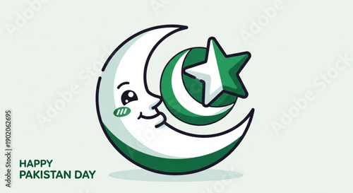 Cartoon crescent moon with smiling face and star on pakistan day greeting card