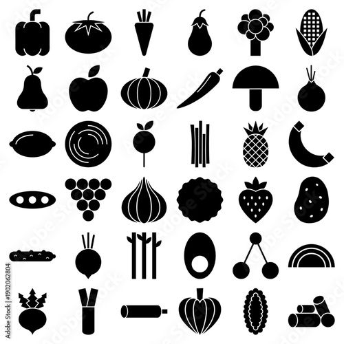 Vegetable and fruit icons in a minimalist black silhouette glyph style set.