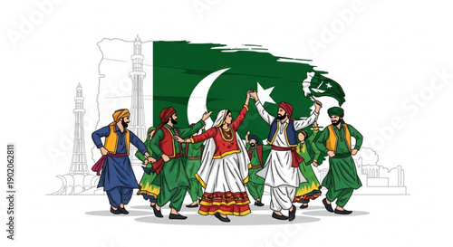 Traditional pakistani dancers celebrate with flag cultural attire and mosque background symbolizing national pride and festive joy
