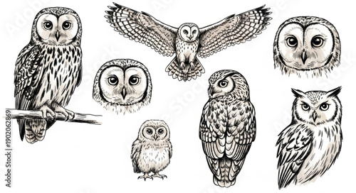 Collection of Hand Drawn Owls in Various Poses and Sizes.