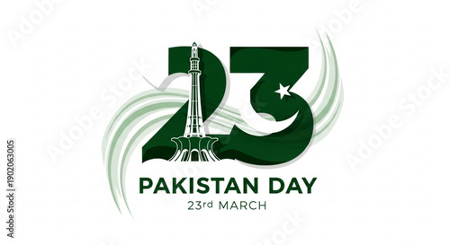 Pakistan day celebration logo with minar e pakistan monument and date 23rd march