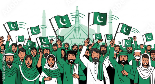 Diverse crowd of people in green attire celebrating with pakistani flags expressing joy and patriotism on a festive day with a tower in the background