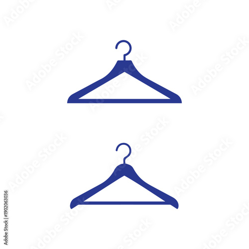 Two simple blue wooden clothing hangers are vertically aligned against a stark white background for minimalist design.