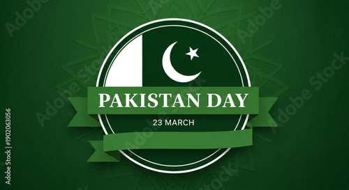 Pakistan day celebration emblem with green banner and white crescent moon on dark green background