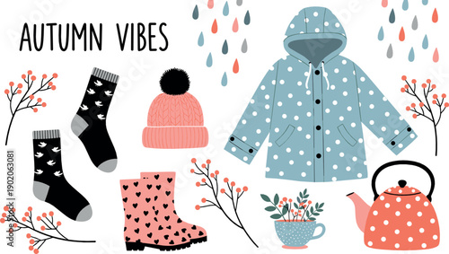 Autumn vibes illustration set with cozy raincoat boots socks hat teapot and fall branches in cute flat style for seasonal fashion and lifestyle designs