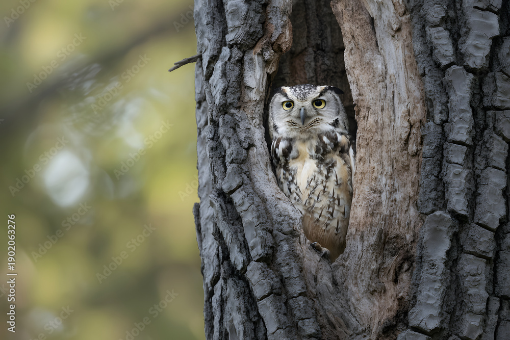 Obraz premium Owl peeking out from a hollow in a tree trunk