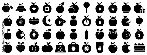 Apple icons in a black solid glyph style featuring food fruit and retail design elements