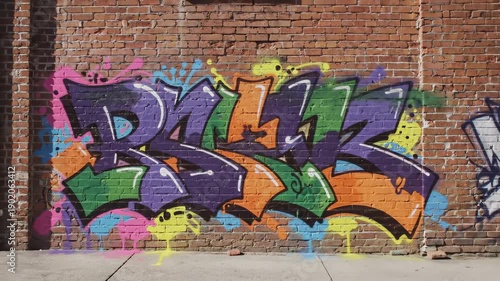 Street artist creating colorful graffiti on brick wall