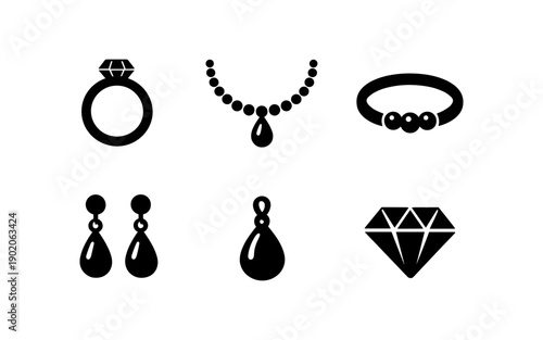 Collection of elegant jewelry icons including rings, necklaces, earrings, and diamonds