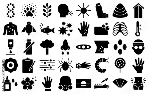 Allergy and dermatology medical icons featuring respiratory symptoms and skin sensitivity symbols