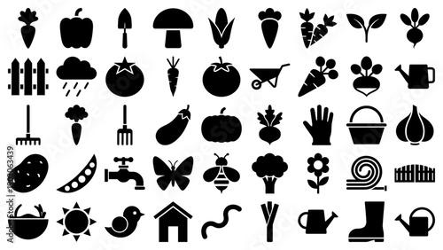Garden and vegetable icons in a solid black filled silhouette style for agriculture and farming UI
