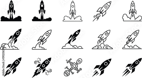 Rocket Ship Icons: Blasts, Clouds, and Futuristic Space Travel Designs