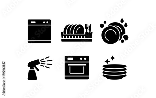 Set of six black icons representing kitchen cleaning and appliance tasks