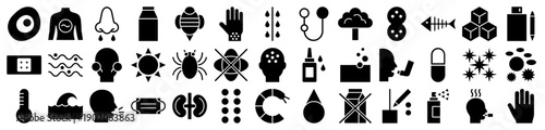 Medical and allergy icons featuring healthcare symbols in a black silhouette glyph style