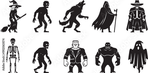 Black Silhouettes of Halloween Monsters and Characters on White Background
