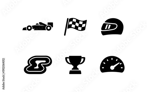 Set of racing icons including car, checkered flag, helmet, track, trophy, and speedometer