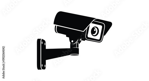 A stark black security camera depicted in a minimalist style mounted on a wall as a silhouette
