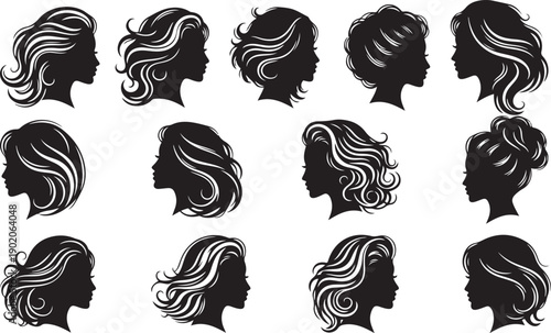 Silhouettes of Women's Hairstyles in Profile on White Background Keywords: silhouette, woman