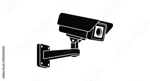 A stark black security camera is mounted on a white background presenting a modern surveillance image as a silhouette