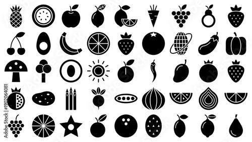Fruit and vegetable icons in a solid black glyph style for food and grocery app design.