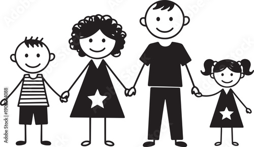 Stick figure family holding hands with smiles on white background stickman children