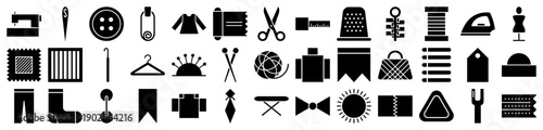 Sewing and tailoring icons featuring professional equipment and garment making supplies in a black glyph style.