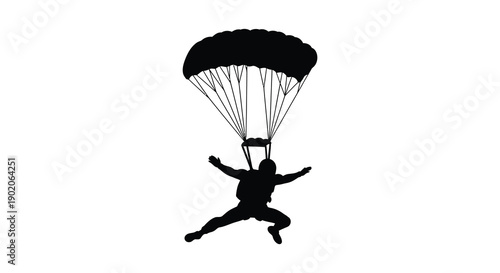 A dramatic depiction of a skydiver in mid air arms outstretched descending with a deployed parachute silhouette