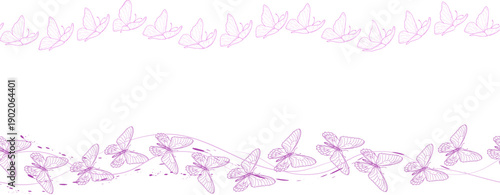 Delicate butterflies with graceful wings on a seamless border. Vector illustration. Cute purple flying insects, isolated on a white background. Suitable for cards, invitations, and textile printing.