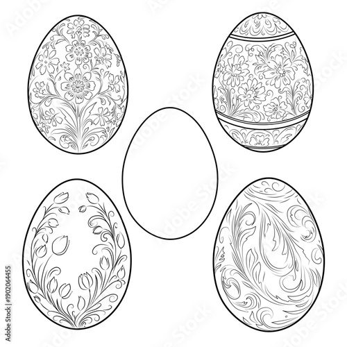 Easter egg with floral pattern, black and white sketch. Vector illustration. Collection of painted eggs, isolated on a white background. Concept of spring, Easter and Christian holiday
