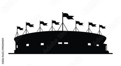 A striking black silhouette depicts a domed stadium with waving flags atop creating a dramatic skyline silhouette