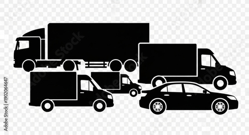 Collection of Silhouetted Vehicles Including Trucks and Cars.