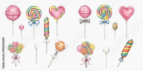 Watercolor illustration set of colorful lollipops and candies on sticks, sweet dessert collection.