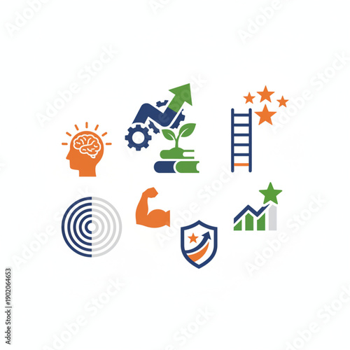 Collection of vibrant vector icons representing key concepts of personal and professional development, strategic growth, success, and achievement in business and life
