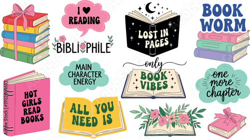 Book lover and reading quote illustration set with colorful books, literary phrases and cozy flat vector stickers for education and lifestyle design