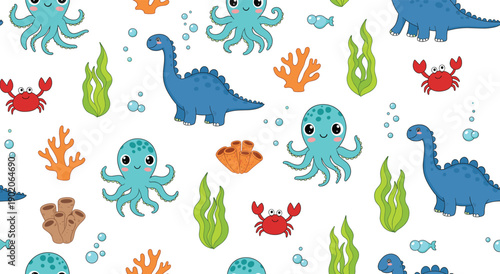 Seamless underwater dinosaur and sea life vector pattern with cute blue brachiosaurus octopus and crab for children’s swimwear or nautical nursery decor