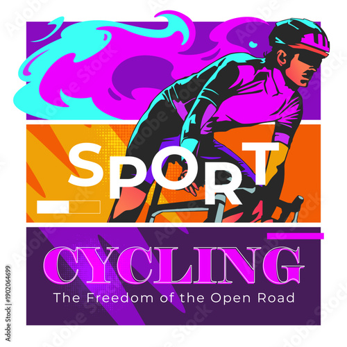 Cyclist in high-speed motion on the open road. Modern athletic poster featuring vibrant purple and orange tones for cycling marathon, exercise motivation, and endurance sports events. National Sports