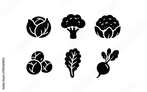 Collection of six simple black vegetable icons on a white background