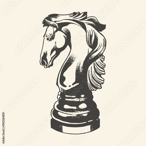 Vintage black and white illustration of a chess knight piece with a textured effect on a light cream background, evoking strategy and classic game play.